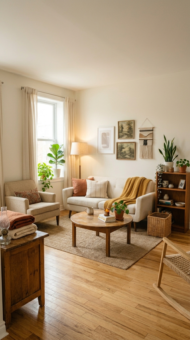 Budget-friendly cozy living room with simple affordable decor