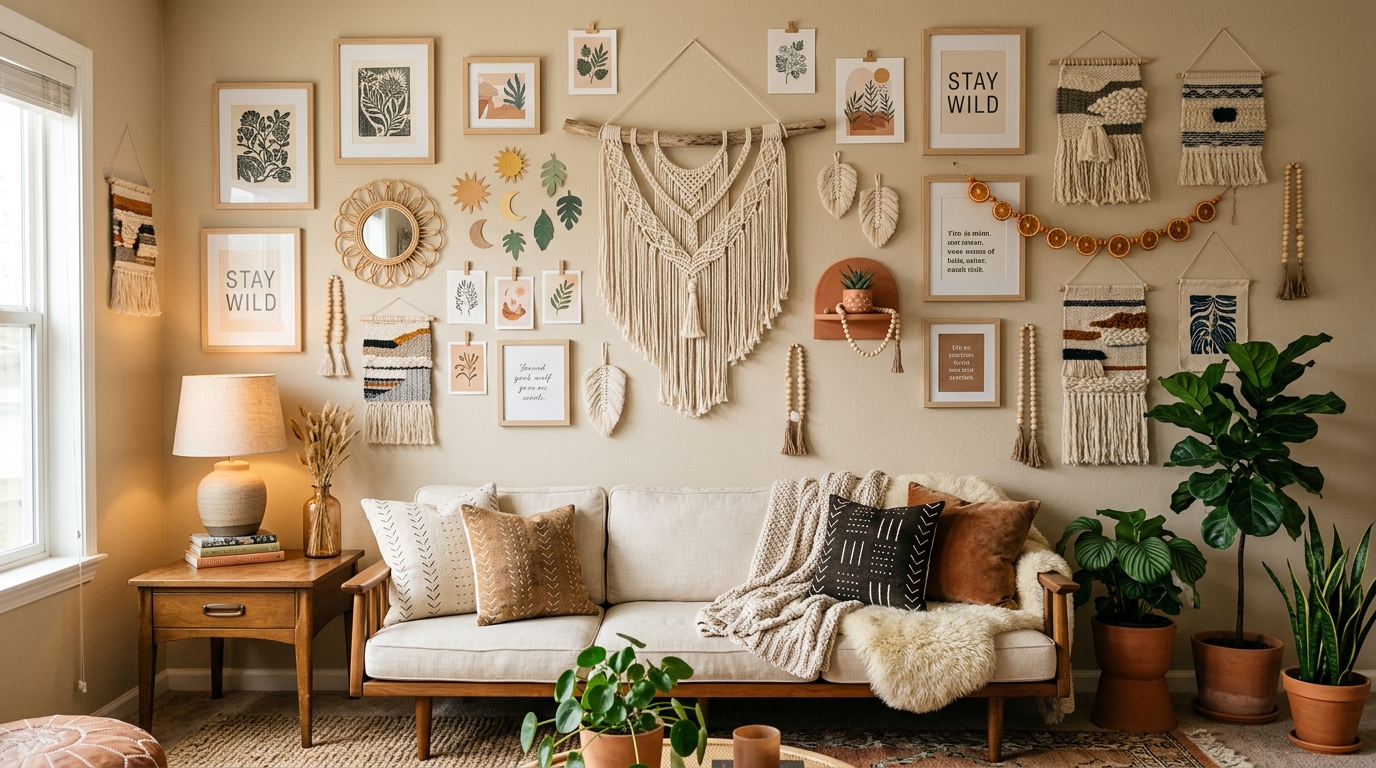 handmade DIY wall crafts in a cozy and artistic living room