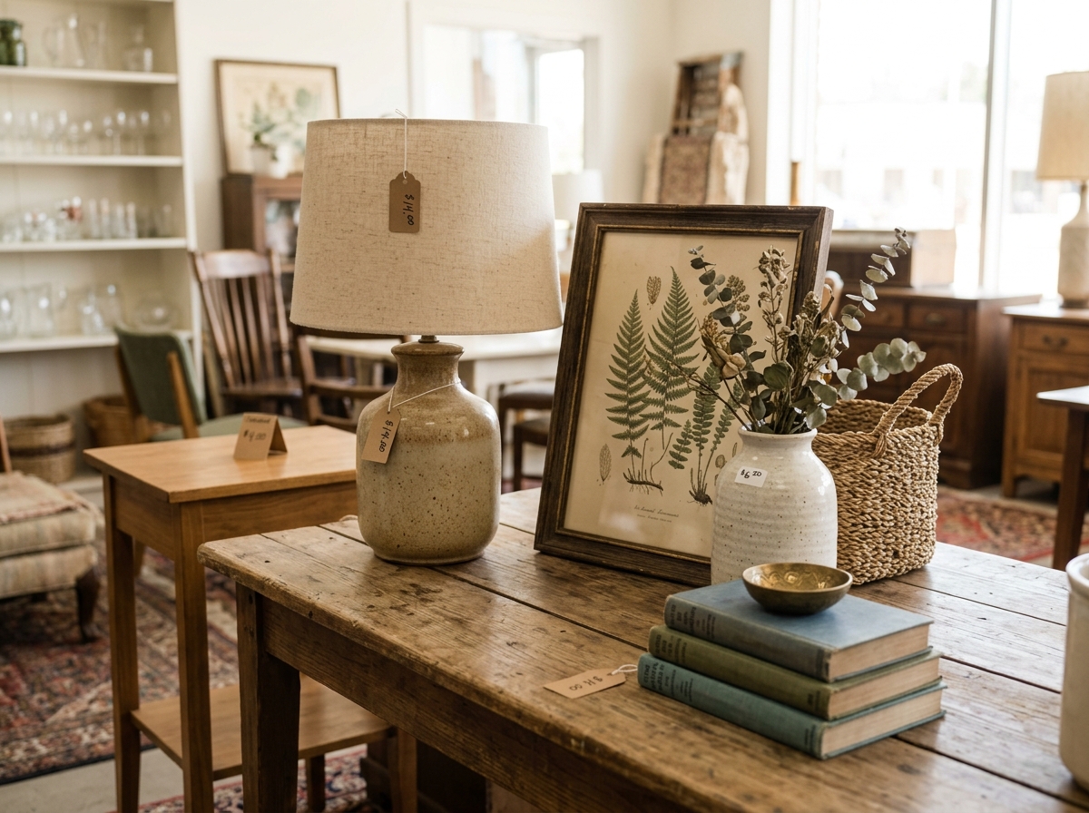Affordable home decor finds, including framed artwork, a table lamp, a ceramic vase, and a woven basket at a thrift shop.