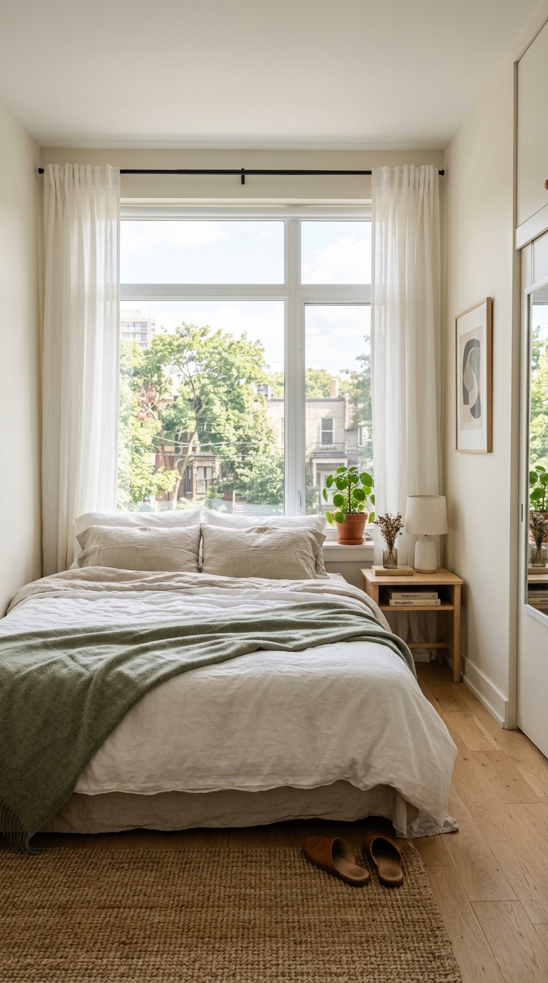 A compact apartment bedroom featuring small bedroom layout ideas with queen bed pushed flush against a window.