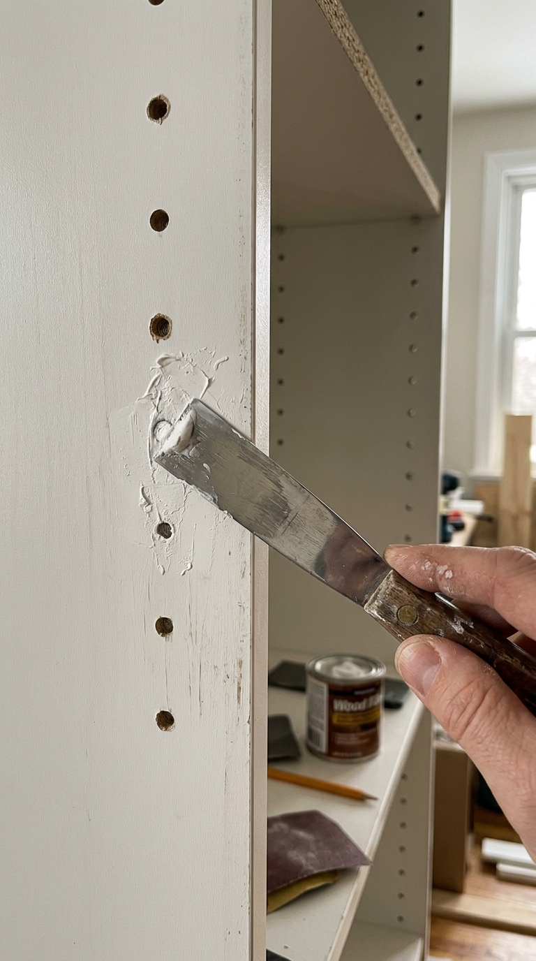 Filling adjustable shelf peg holes with wood filler for clean look