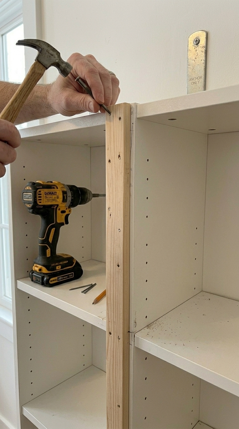 Nailing vertical wood trim over seams on an IKEA Billy bookcase hack