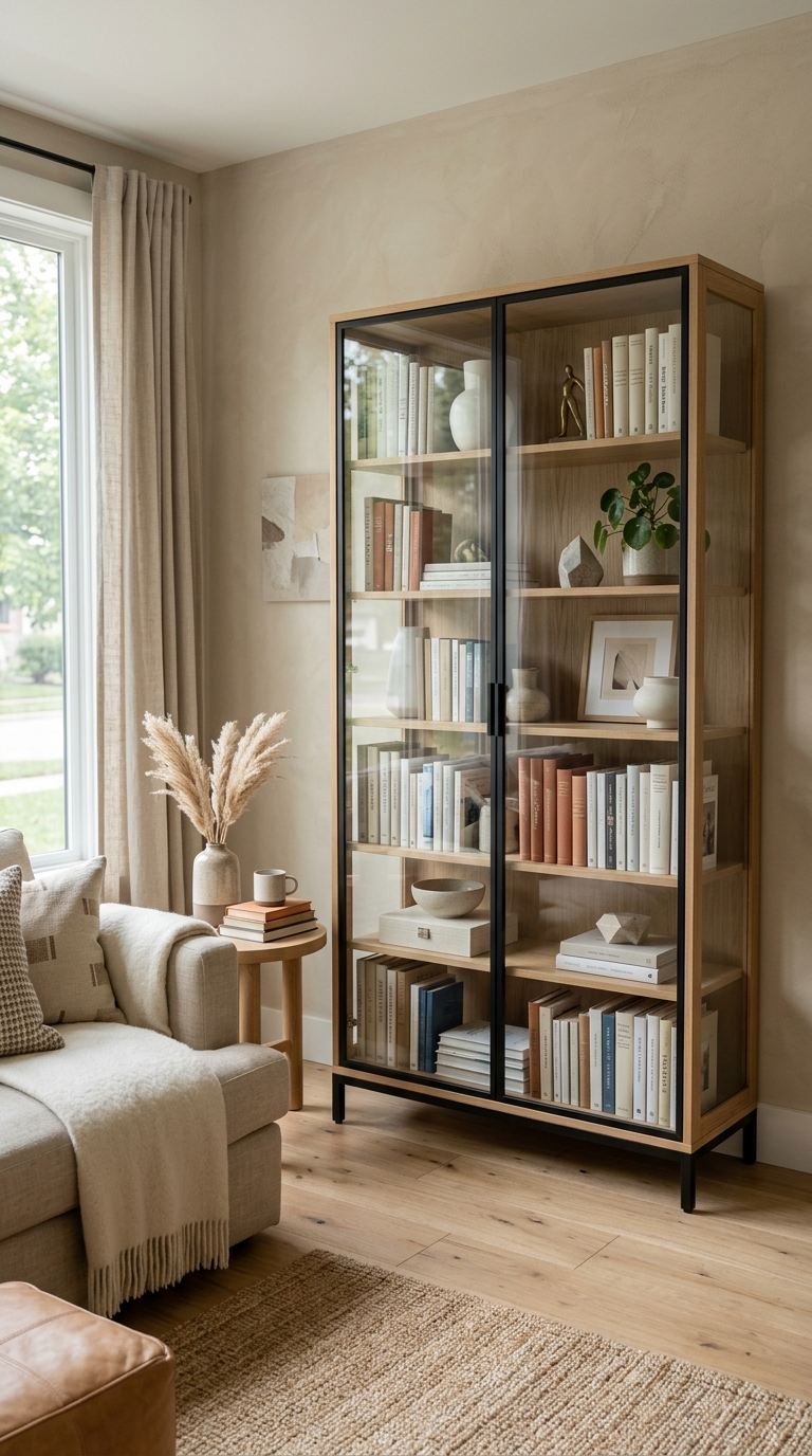 A Scandinavian oak bookcase with glass doors in a styled living room apartment layout.
