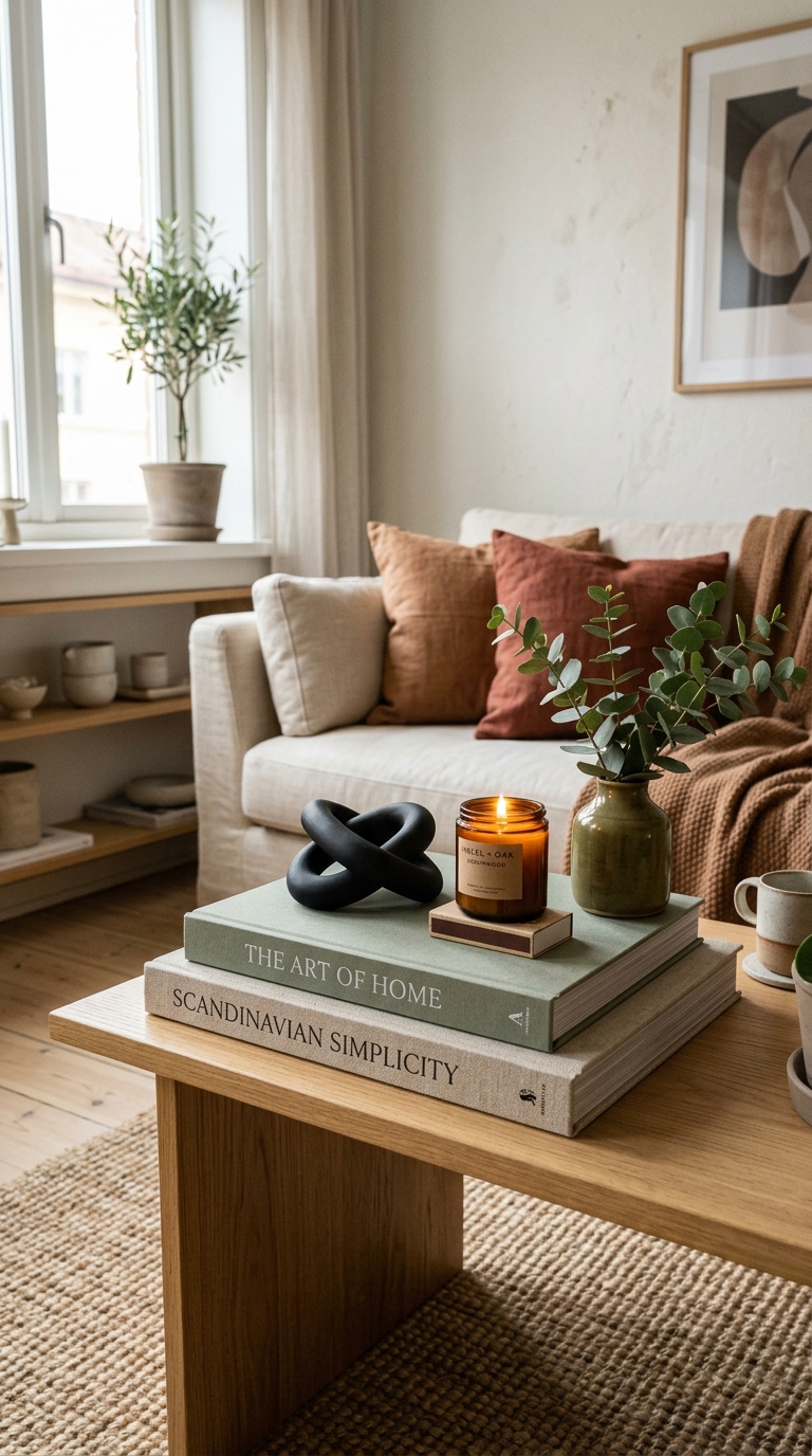 A rectangular oak coffee table styled with a black ceramic knot and a green vase resting on stacked design books.