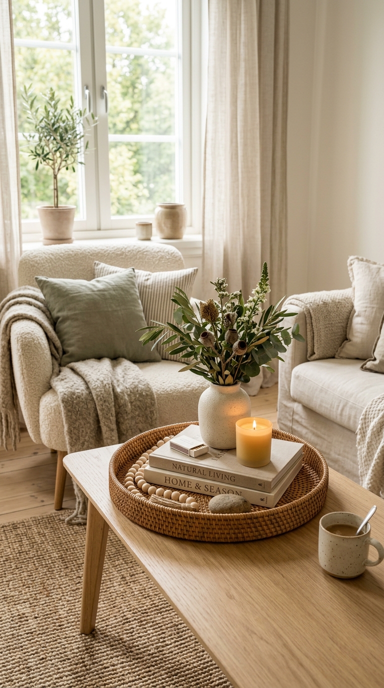 A rectangular oak coffee table styled with a woven tray, books, and autumn stems showing a seasonal refresh living room formula.
