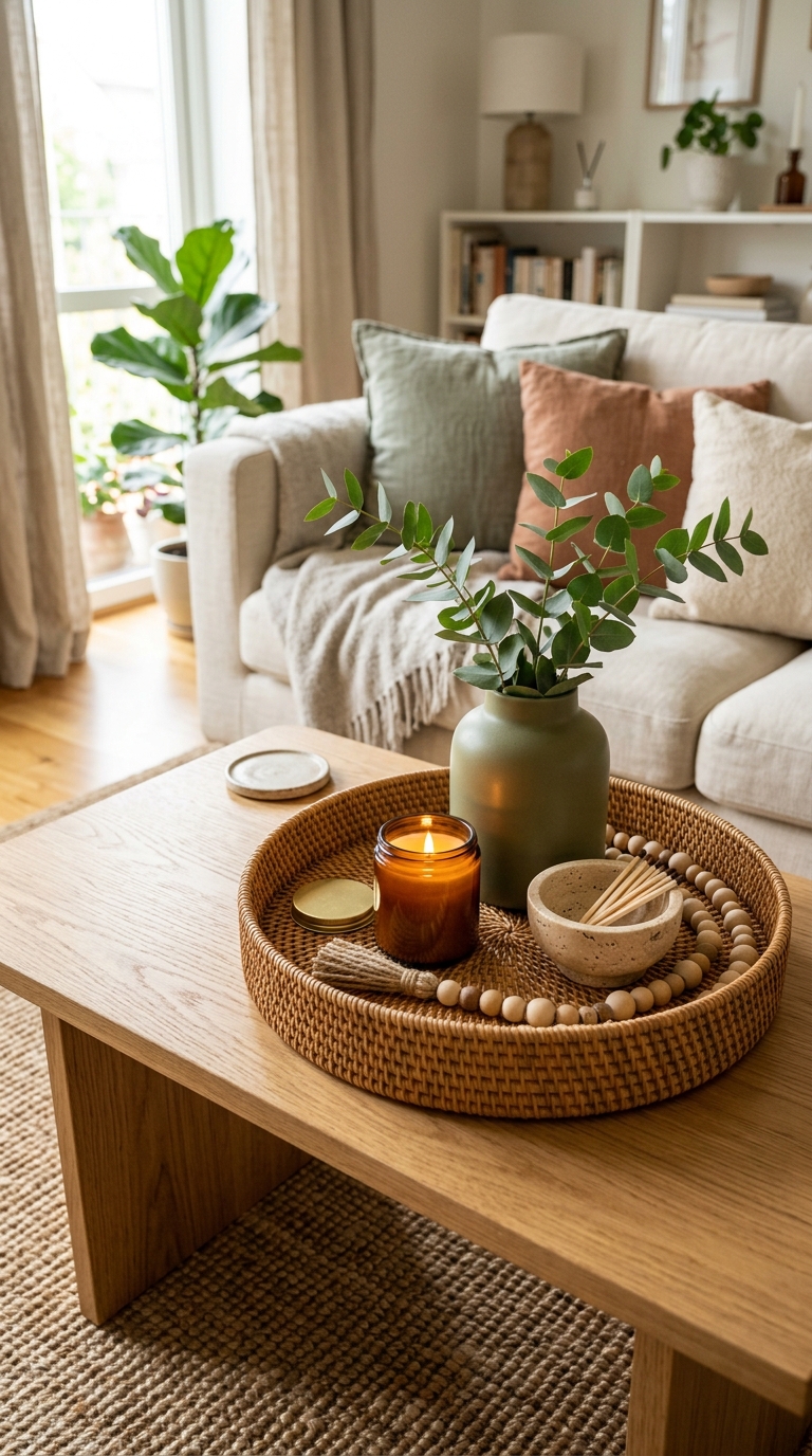 A round woven tray styled with a green vase and an amber candle on a wood table inside a small living room.