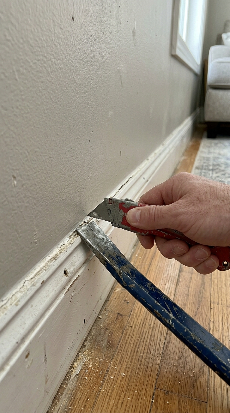 Removing baseboard trim from wall for IKEA Billy bookcase hacks installation
