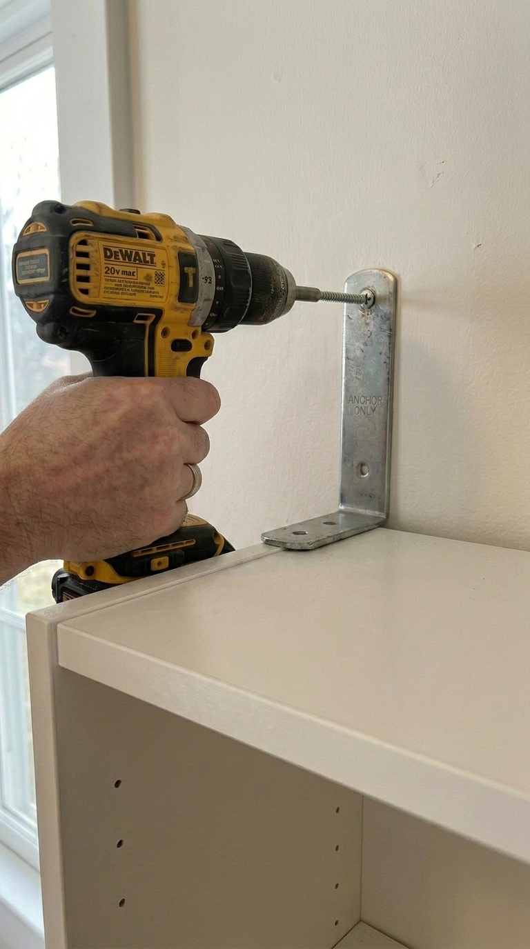 Securing IKEA Billy bookcase hacks tightly to wall studs using a drill