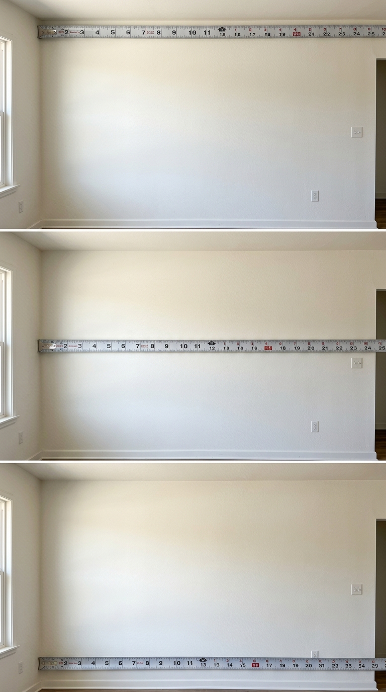 Measuring bare living room wall height and width for shelving layout