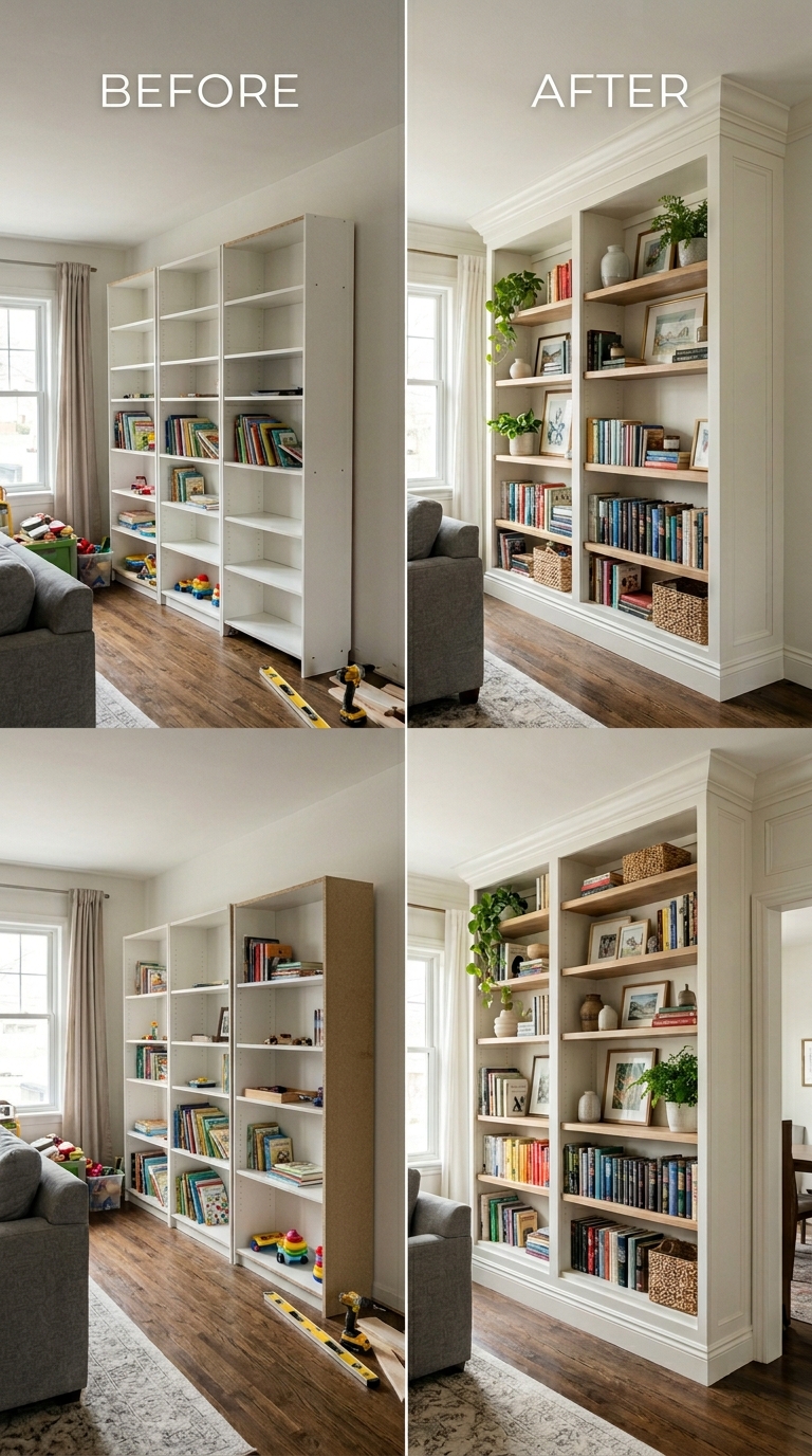 Before and after step by step IKEA Billy bookcase hack custom shelving project