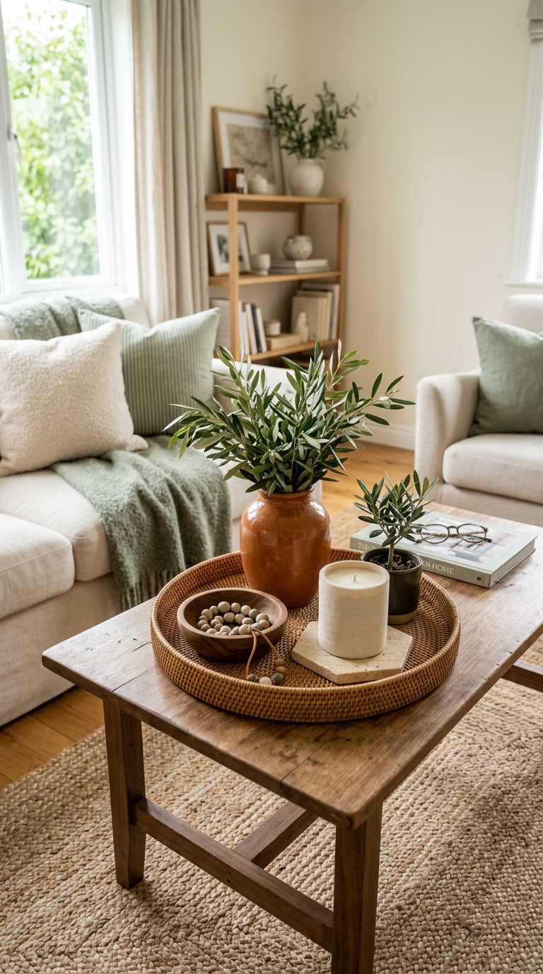 A rectangular oak coffee table styled with a terracotta vase, a cream candle on stone tile, and wood beads inside a small living