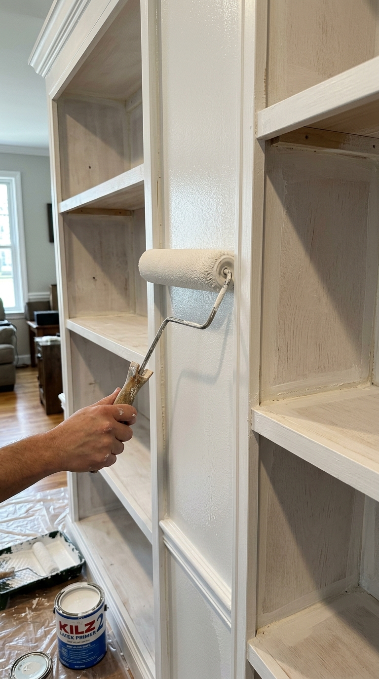 Priming a custom library wall built from IKEA Billy bookcase hacks