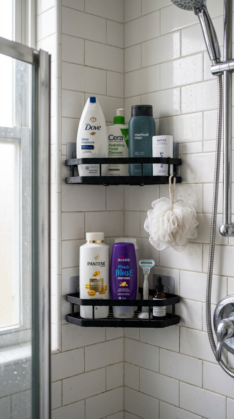 Matte black adhesive corner shelves showing damage free shower storage ideas for renters on white subway tiles.