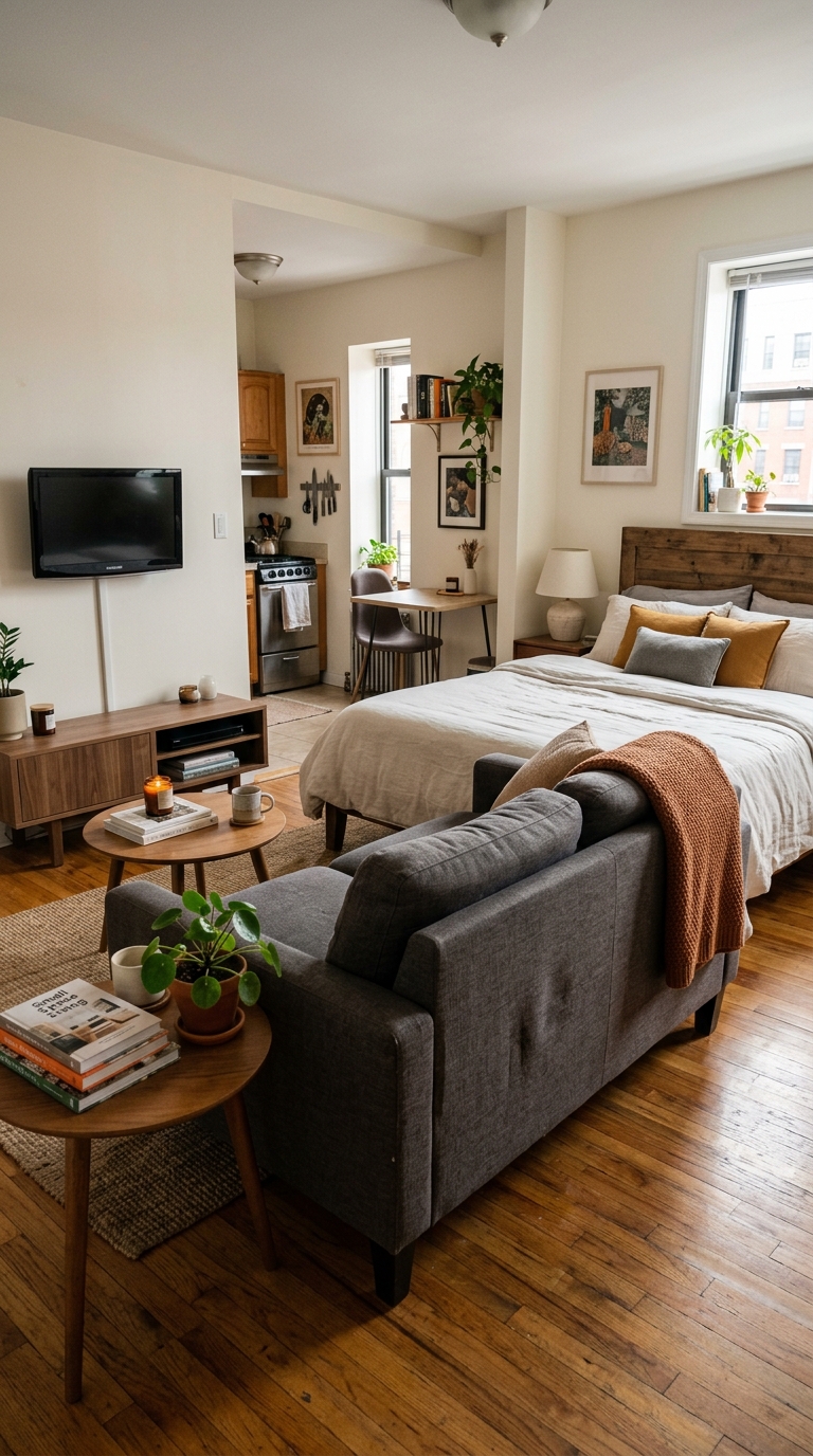 A wide-angle view of a small studio apartment layout with a front entry door opening into a space with a bed and a grey sofa.