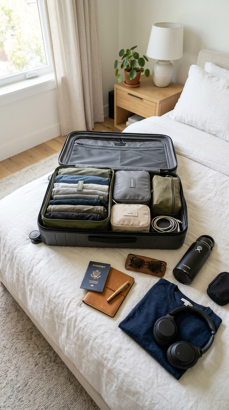 A beautifully organized summer carry-on suitcase showcasing clean packing cubes layout ideas with neutral compression pouches