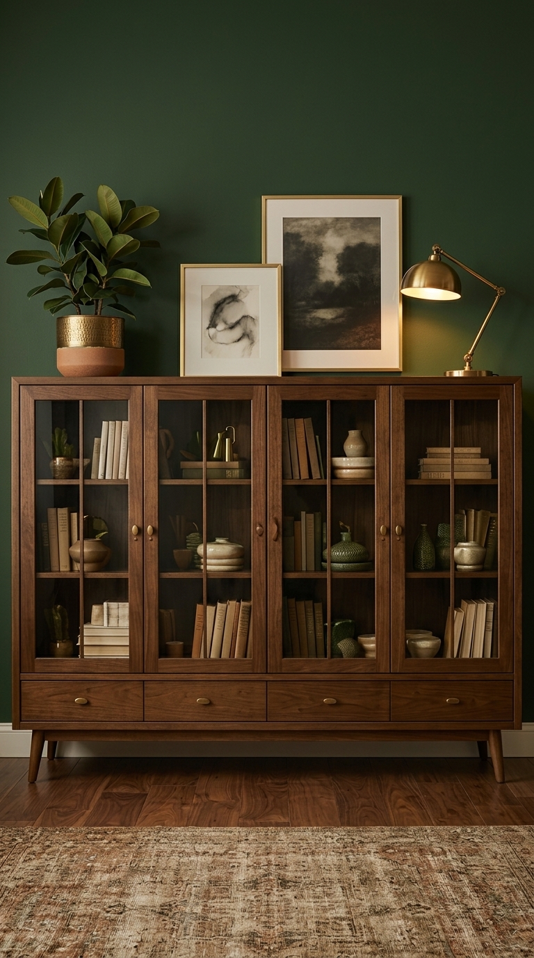 A mid century modern walnut credenza with glass doors showing bookcases with glass doors ideas.