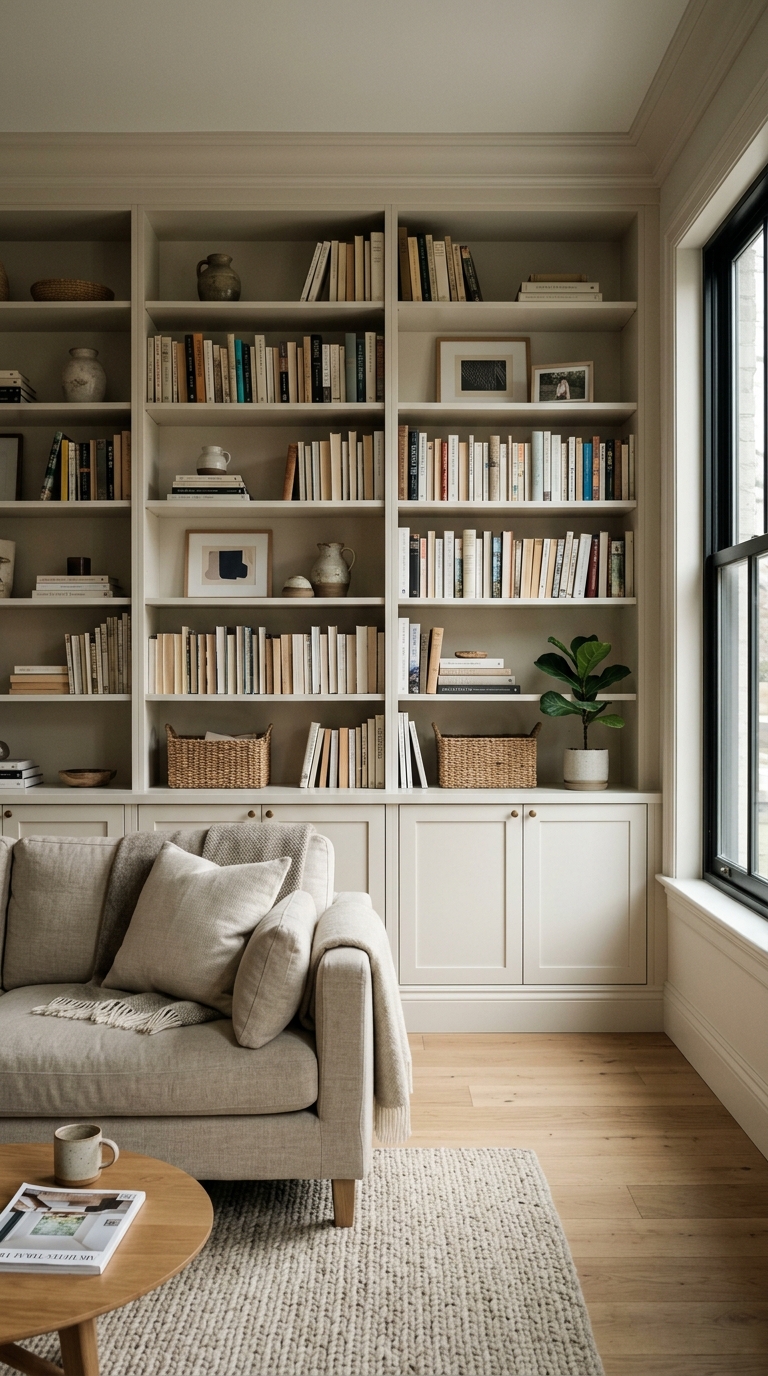 Finished living room featuring DIY IKEA Billy bookcase hacks built-ins