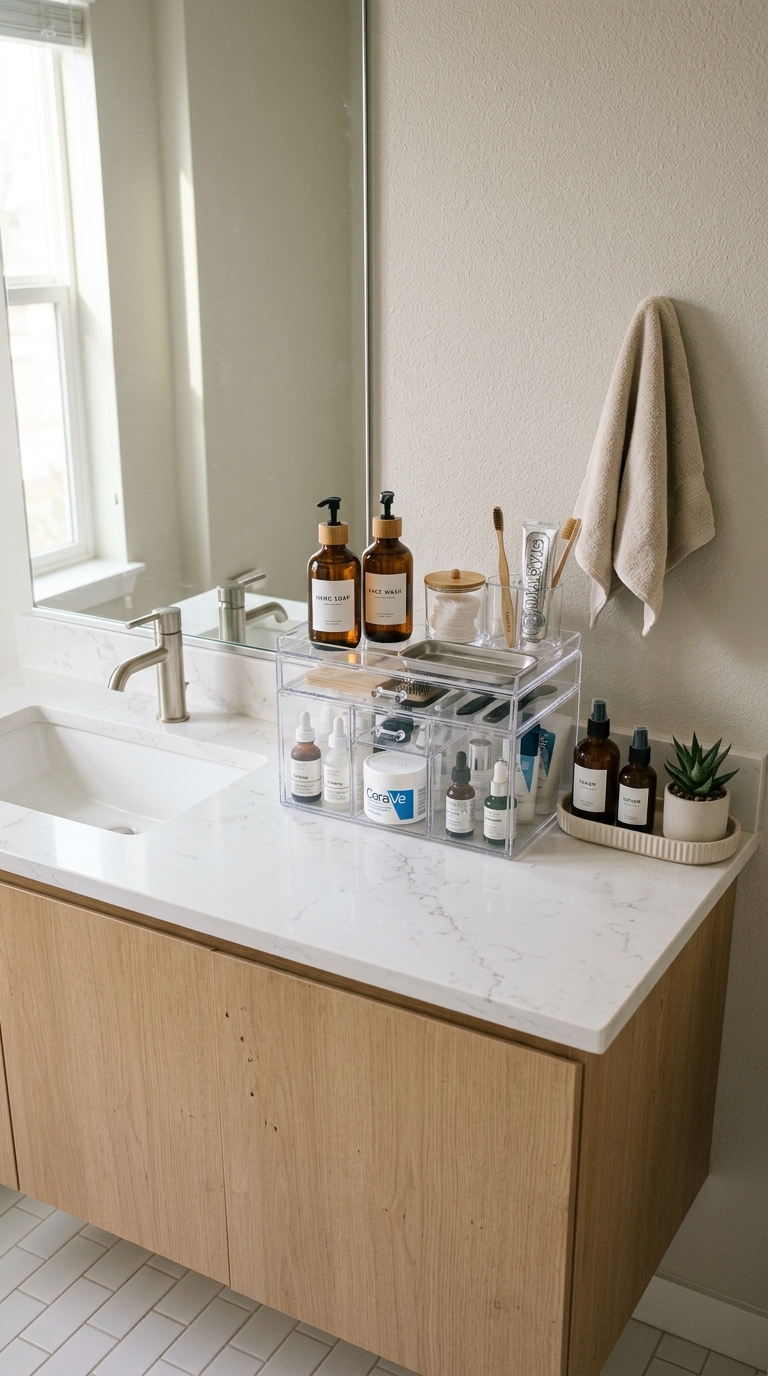 Clear acrylic vanity storage organizer drawers showing bathroom countertop organization ideas on a modern light wood vanity.