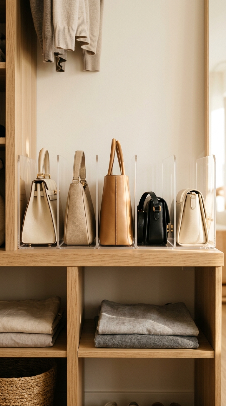 Structured leather purses organized with clear acrylic handbag dividers on a shelf.