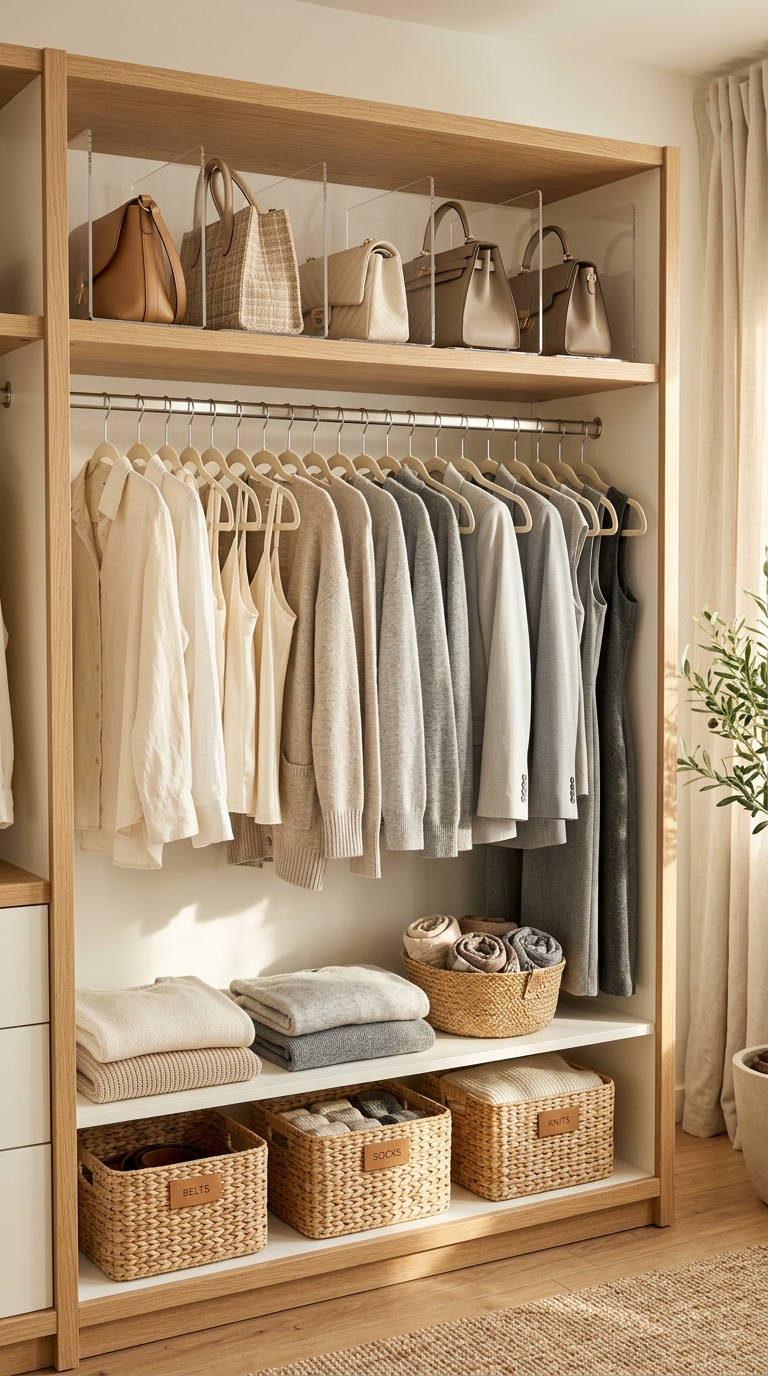 A bright open wardrobe layout featuring smart aesthetic amazon closet organization finds with linen hangers.