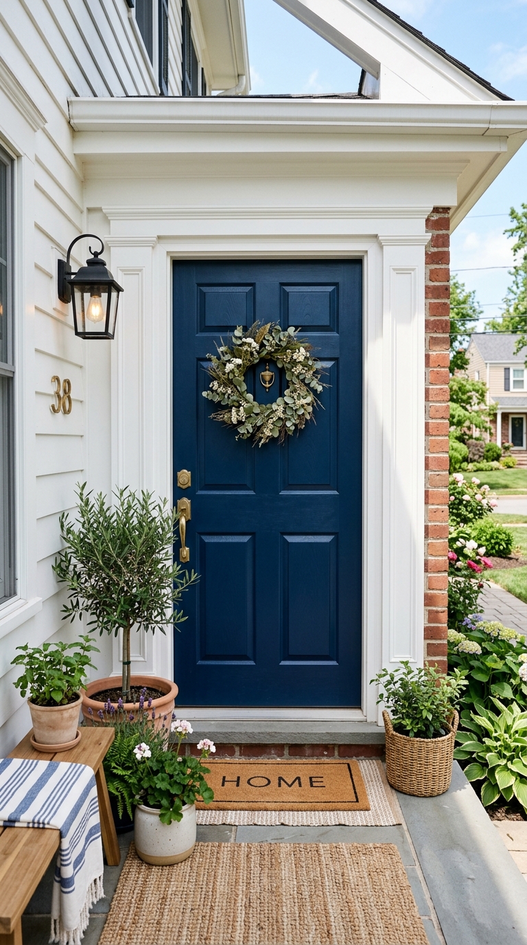 A beautiful navy blue front door layout with a summer green wreath, a black coach light lantern, a wooden porch bench, and layered welcome mats.