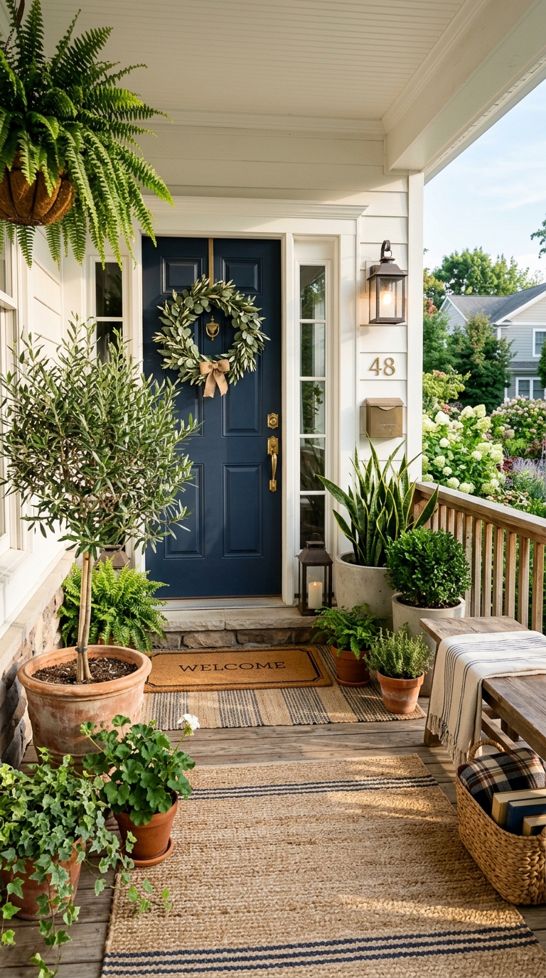 A beautiful navy blue front door featuring a summer wreath, layered welcome mats, and asymmetrical potted green plants on an affordable summer front porch decor layout.
