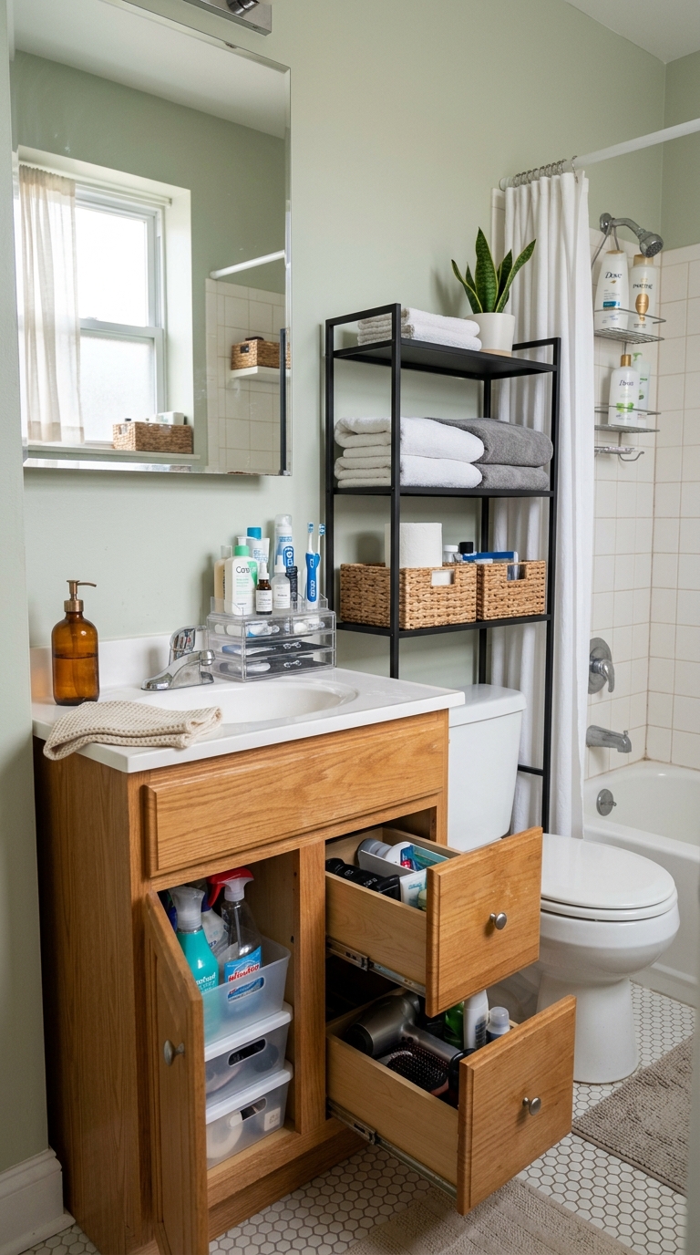 A small apartment bathroom organization ideas amazon layout featuring a honey oak vanity with open drawer organizers and an over the toilet storage rack.