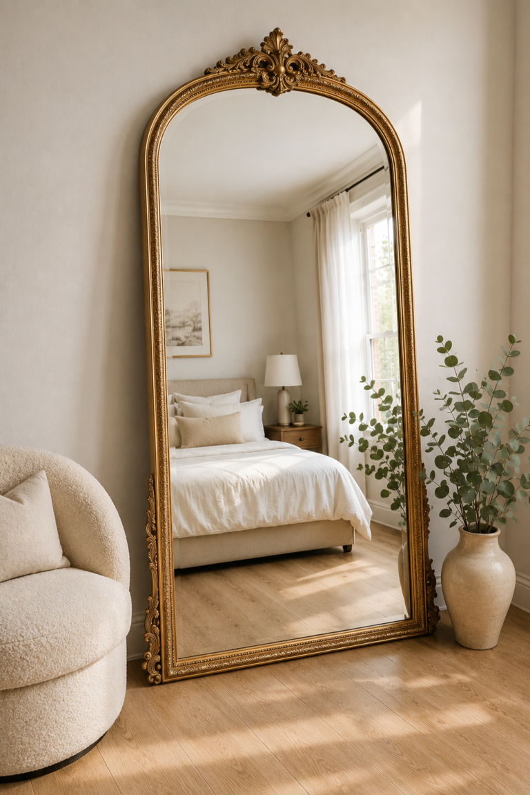 A vertical open bedroom layout featuring an ornate gold arch anthropologie mirror lookalike amazon finds.