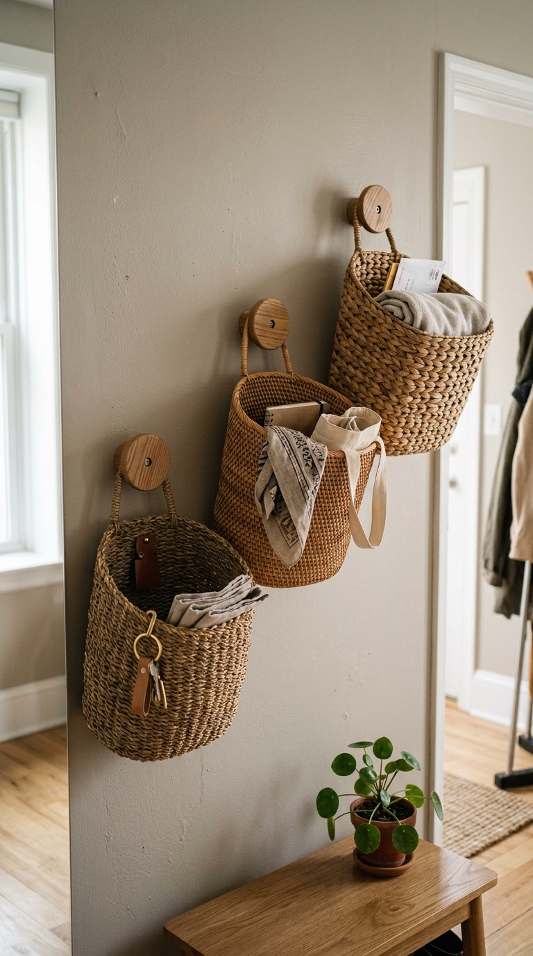 Three woven seagrass baskets hanging on wooden hooks at tiered ascending heights on a small entryway wall.