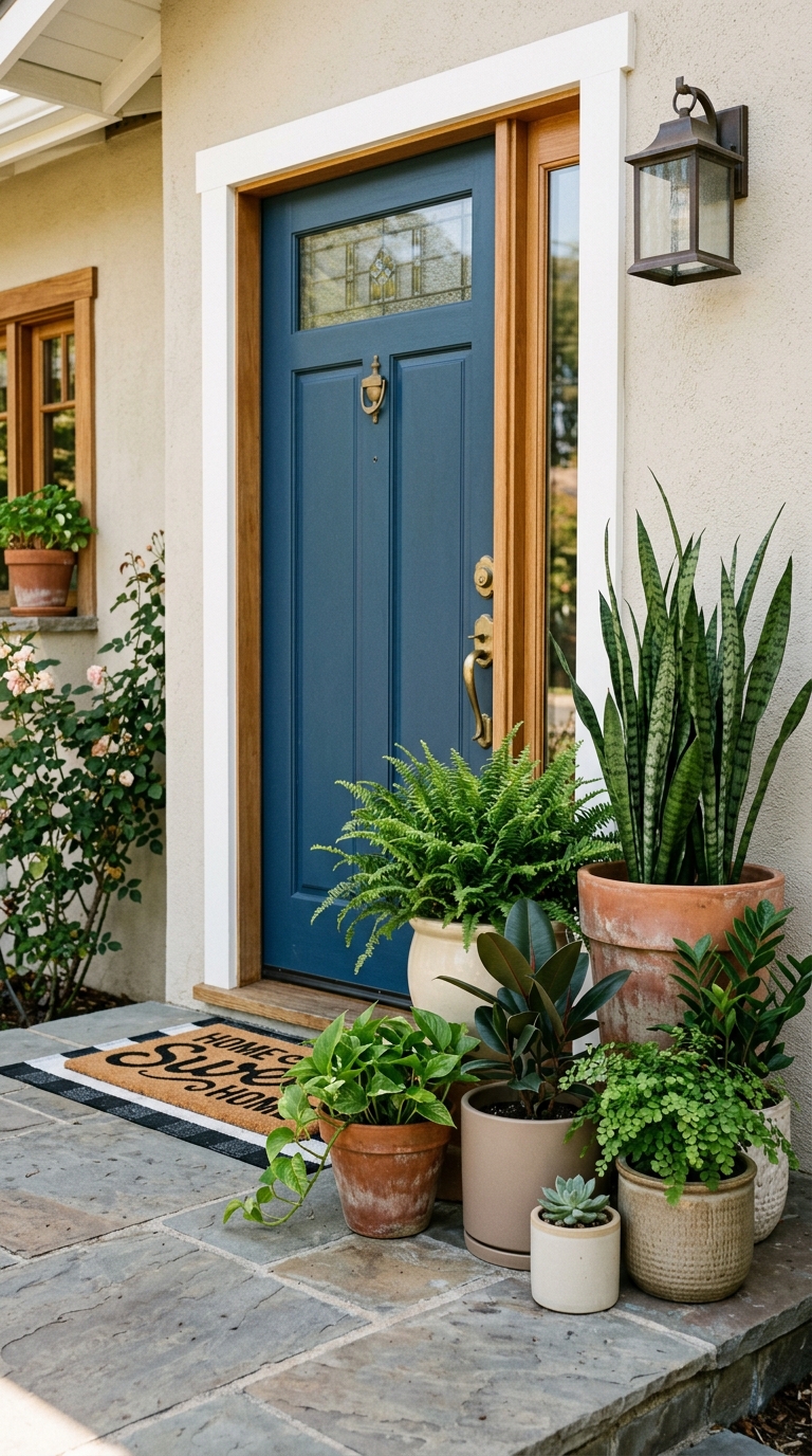 An asymmetrical cluster of potted plants including a snake plant, fern, and rubber plant in terracotta and ceramic pots by a blue front door.
