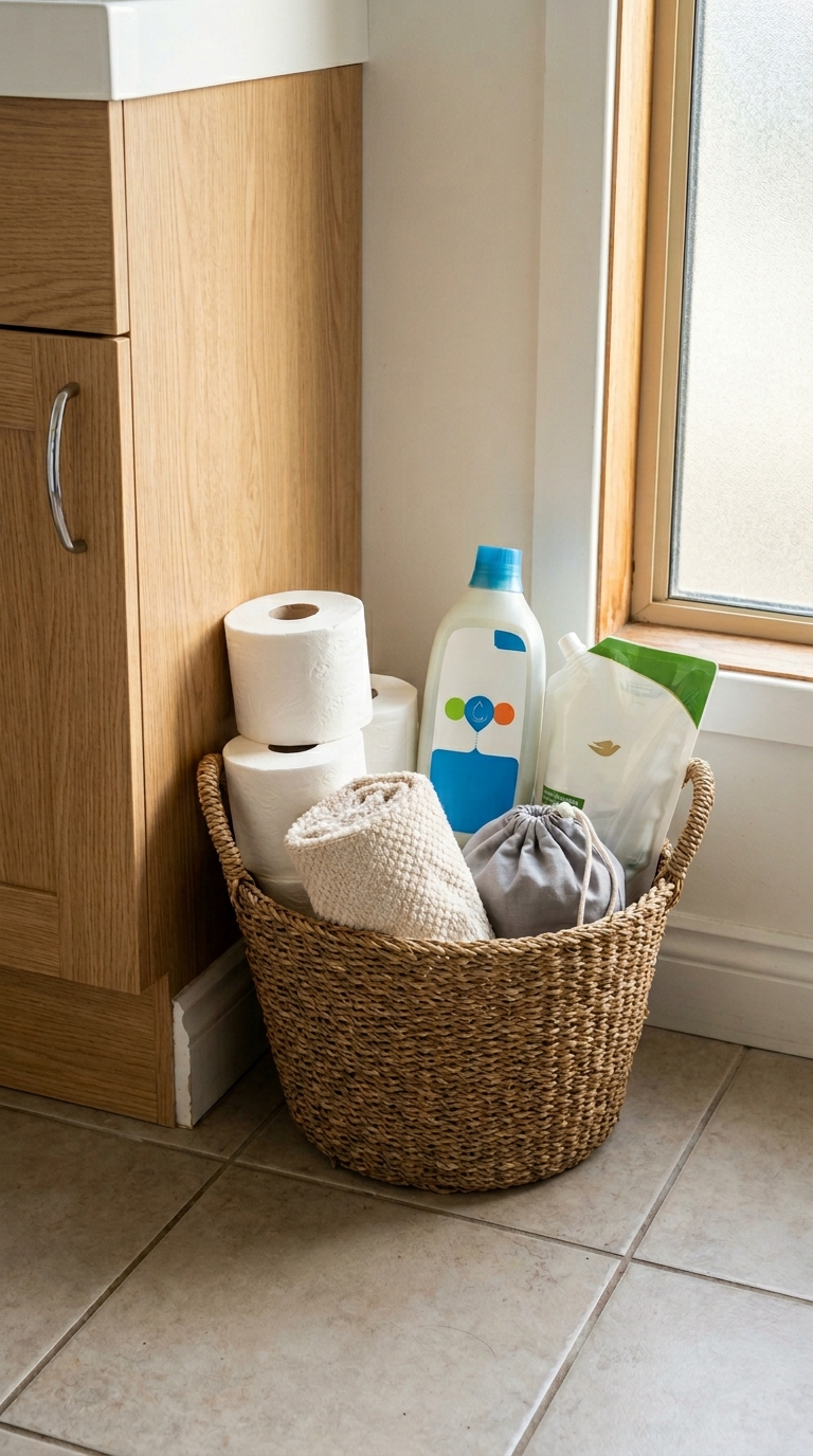 A woven seagrass storage basket showing bathroom basket storage ideas for floor corners in a rental apartment.