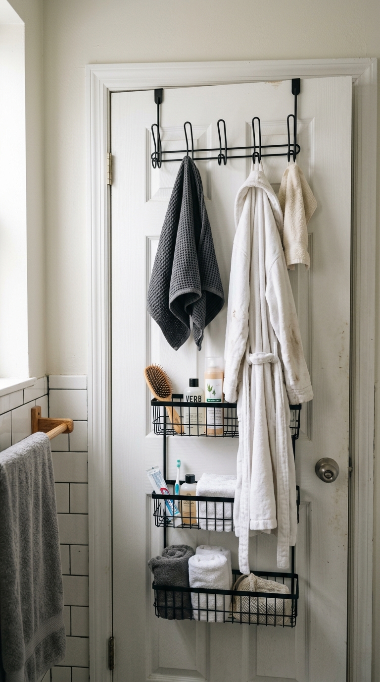 A black wire multi tier over the door rack showing bathroom door storage ideas no drilling in a rental apartment.