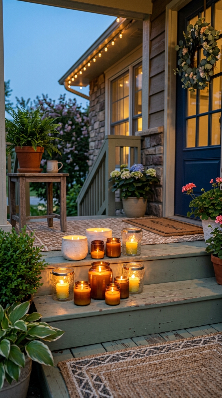 A beautiful cluster of glowing amber glass candles and white ceramic candle bowls lit on front porch steps at twilight next to a blue front door.