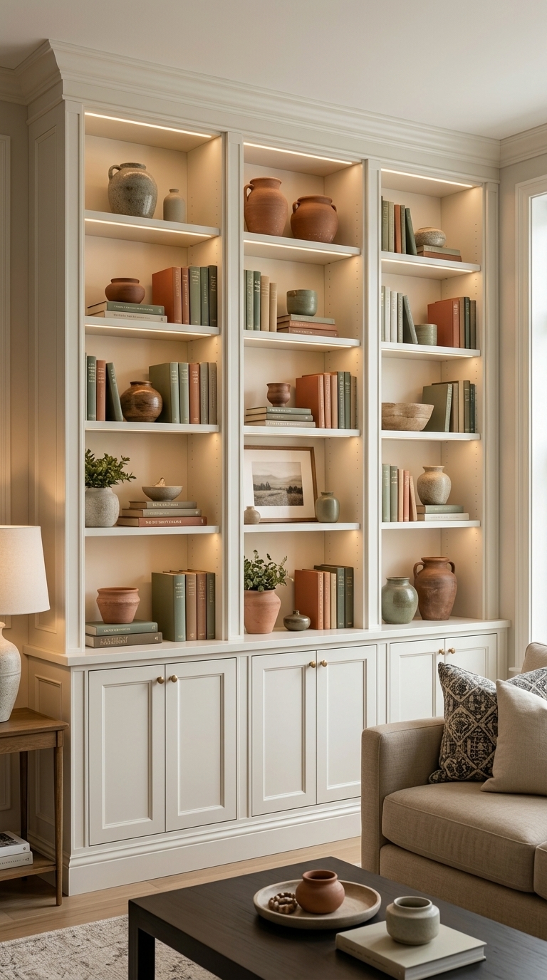 A white built in library bookcase wall styled with books and terracotta vases showing ikea billy bookcase styling ideas.