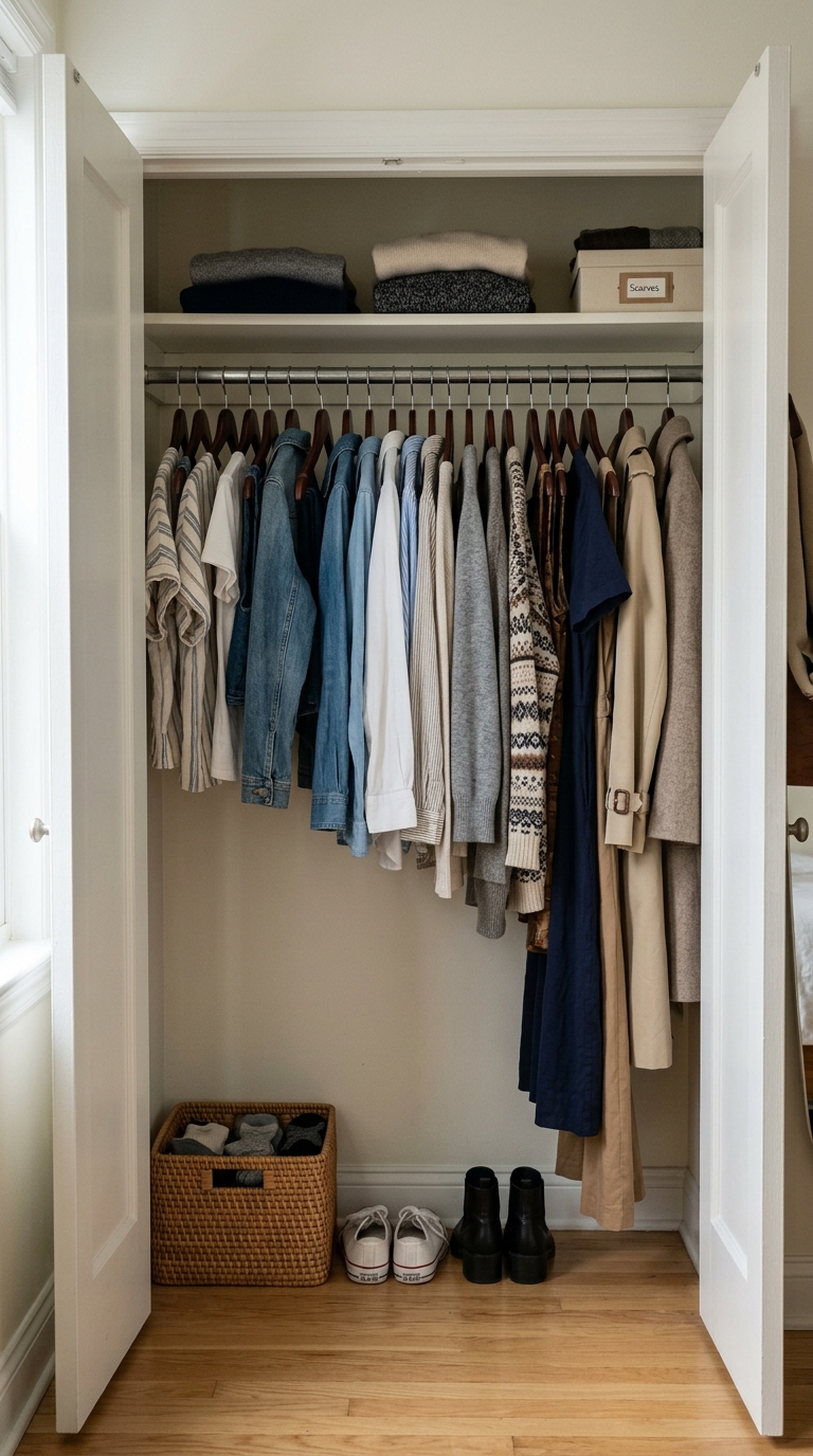 Clothes organized by length from short shirts to long coats to reveal open floor space underneath in a tiny closet hanging layout.