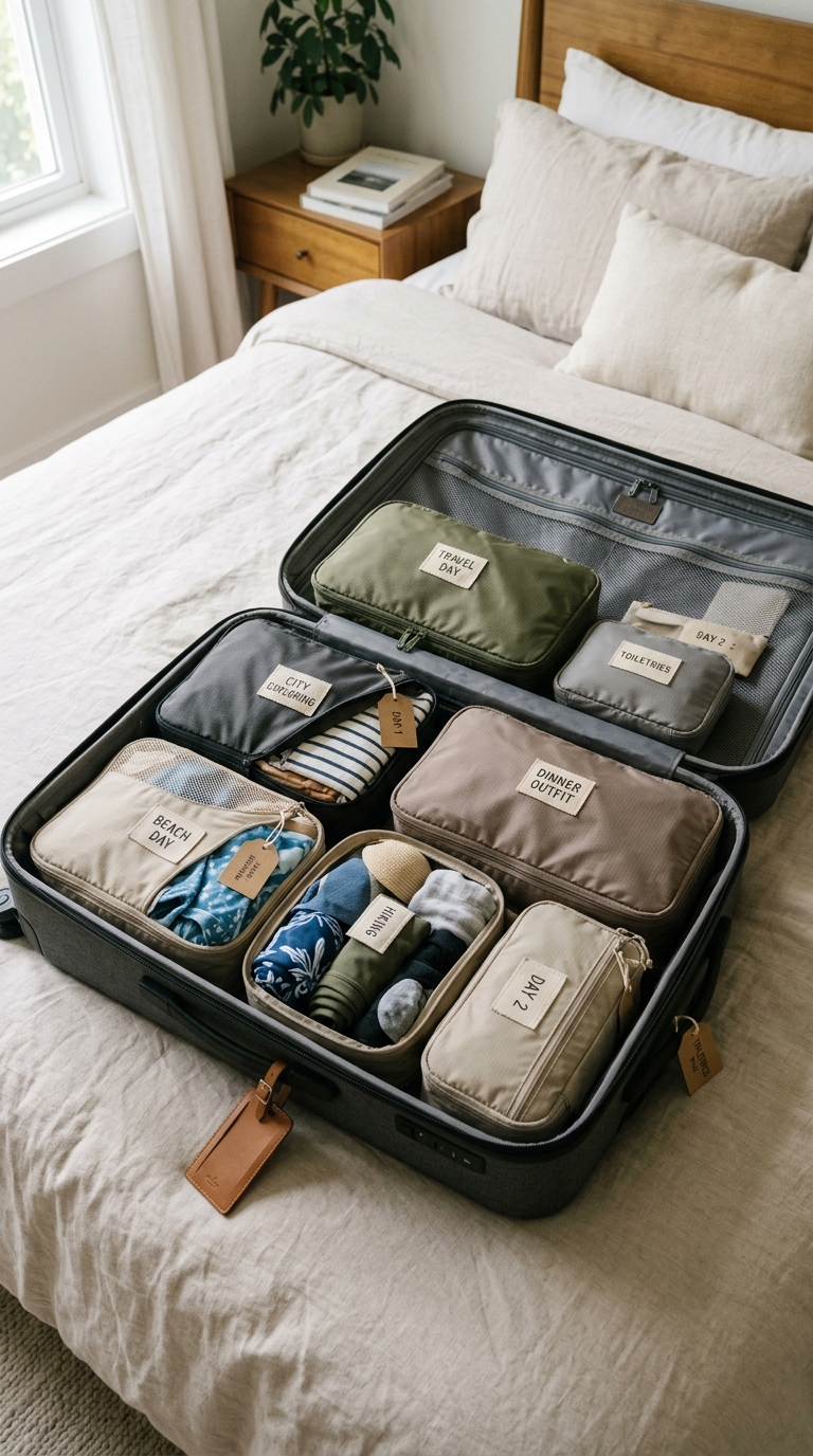 A carry-on suitcase layout featuring labeled compression packing cubes sorted by vacation days to stay organized.