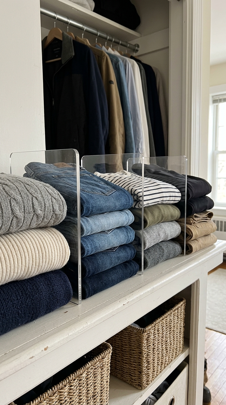 Clear acrylic shelf dividers organizing neat vertical stacks of folded sweaters and jeans on a white closet shelf.