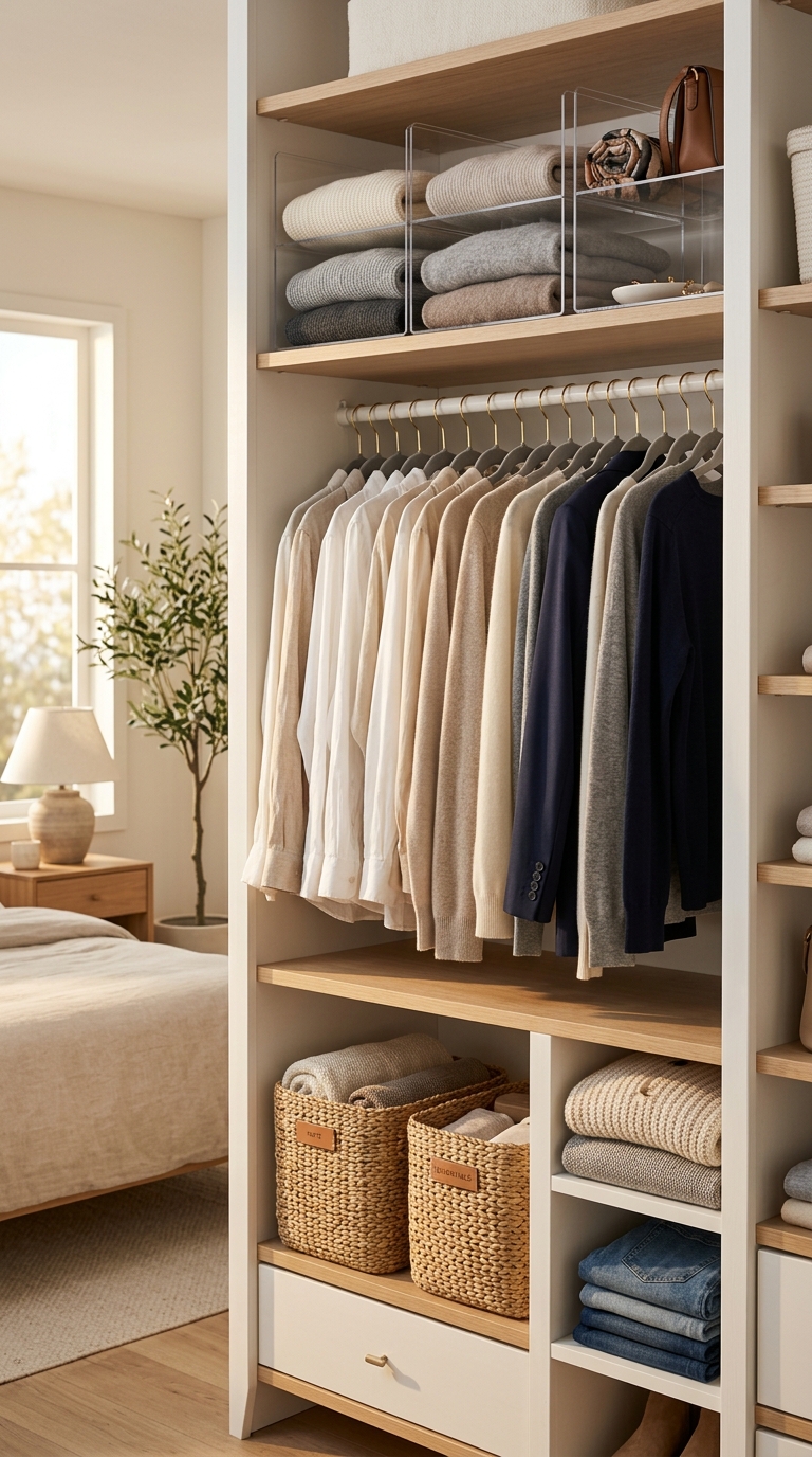 Clear acrylic shelf dividers organizing folded sweaters on a modern closet shelf.