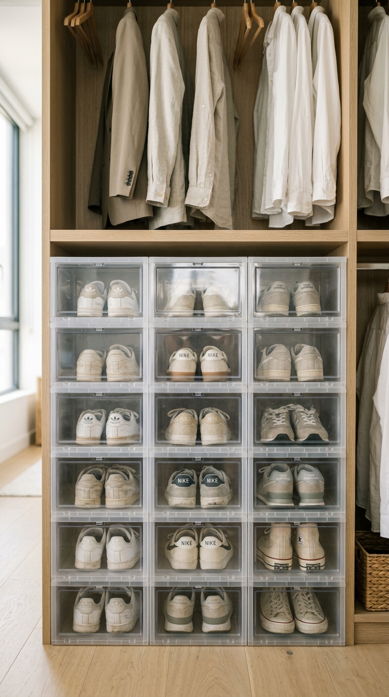 A clear plastic stackable shoe box wall organizing sneakers flat on oak floors.
