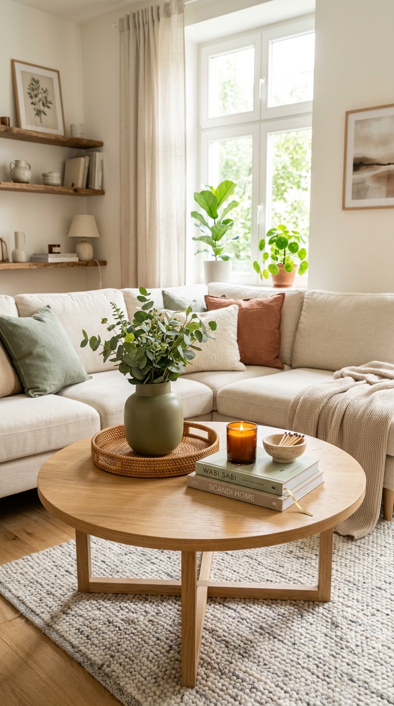 A styled round oak coffee table with a woven tray and books inside a small Scandinavian living room apartment layout.