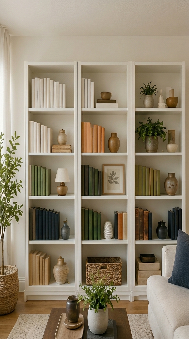 Hardcover book spines organized neatly by color block shades from light to dark.