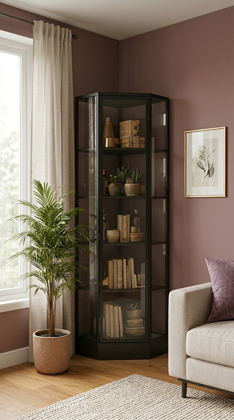 A black metal angled corner display cabinet with glass doors showing bookcases with glass doors ideas in a corner.