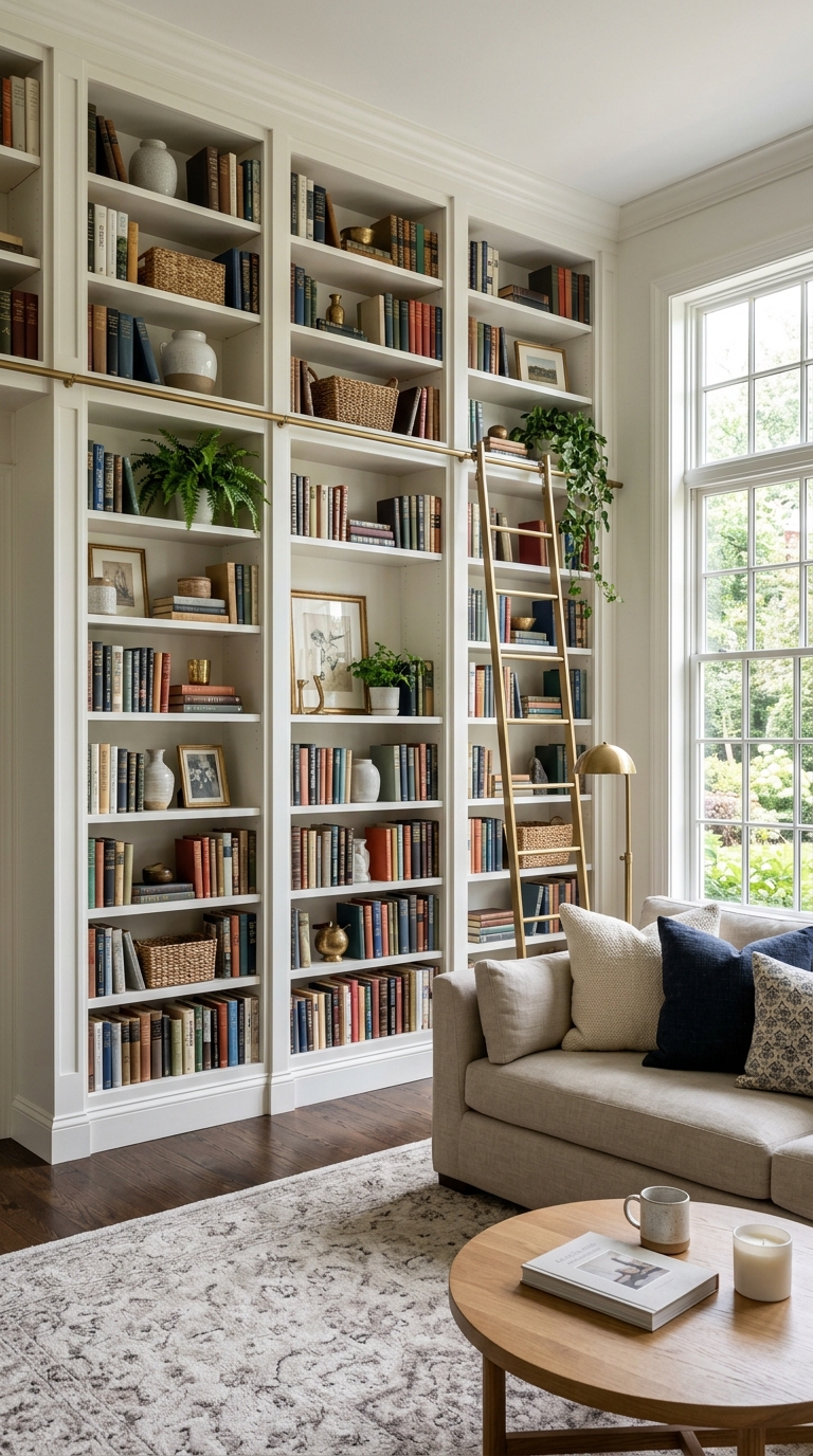 Finished living room featuring DIY IKEA Billy bookcase hacks built-ins