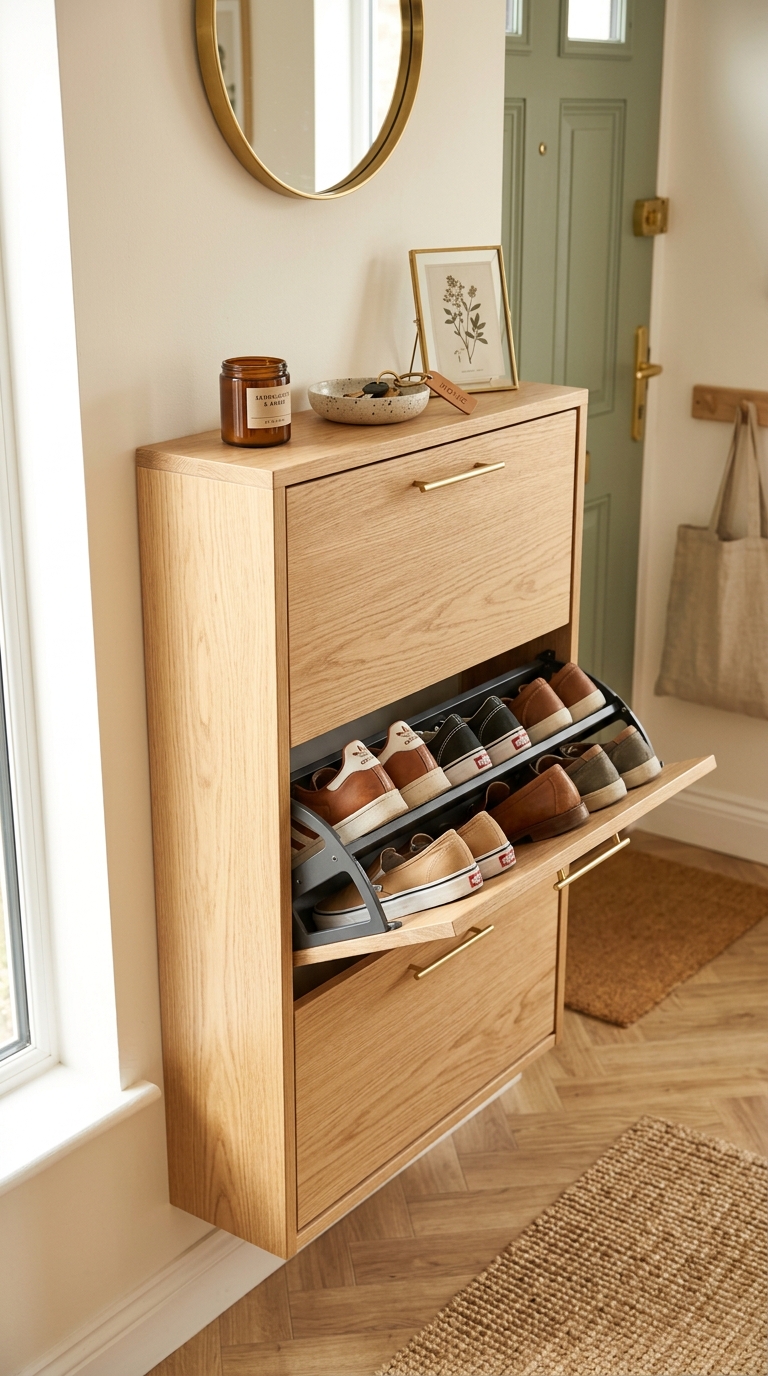 An ultra-slim light oak tipping shoe cabinet resting flat against a white entryway wall layout.