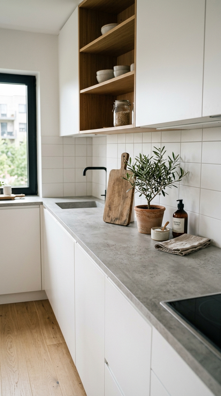 A minimalist apartment kitchen layout featuring matte concrete renter friendly peel and stick countertops with white cabinets.