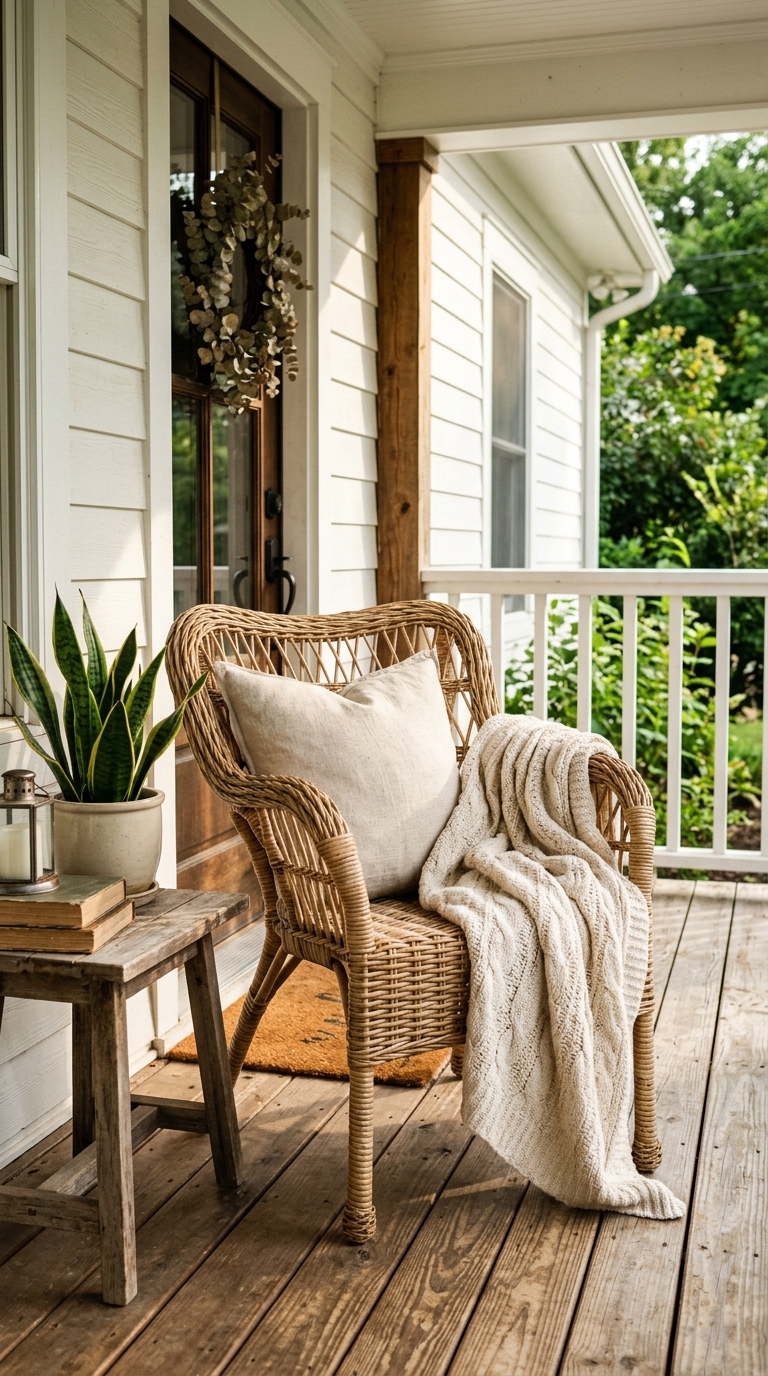 A cozy front porch seating layout featuring a woven rattan chair styled with a cream linen pillow, knit throw, and a rustic wooden side table