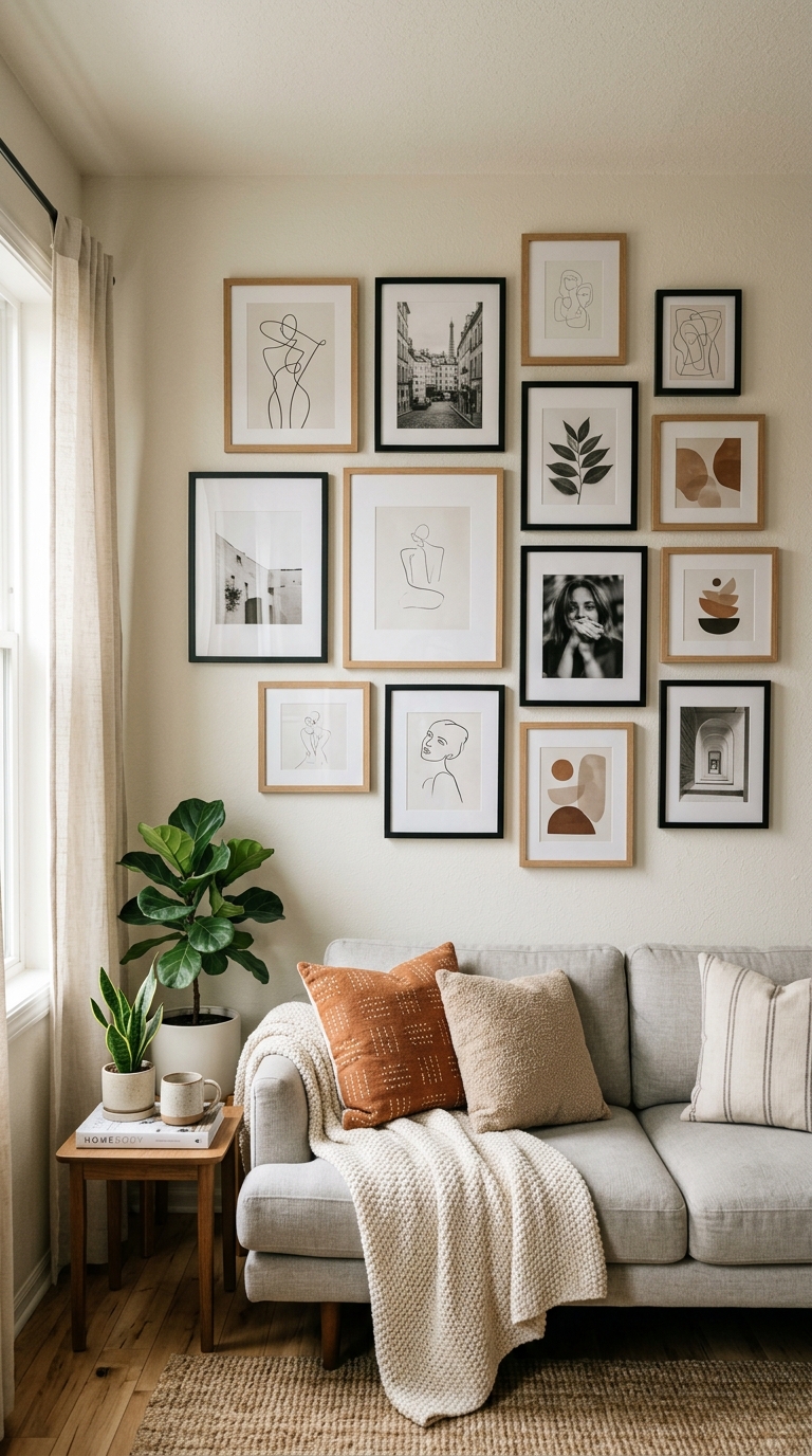 A cohesive minimalist gallery frame grouping with black and light wood frames arranged above a grey couch with terracotta pillows.