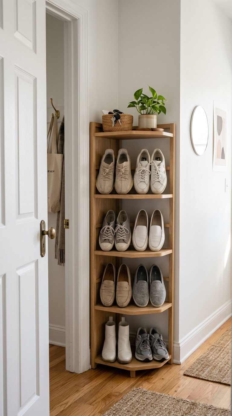 A vertical five tier light wood corner shelving unit packed with neatly organized shoes in an entryway layout