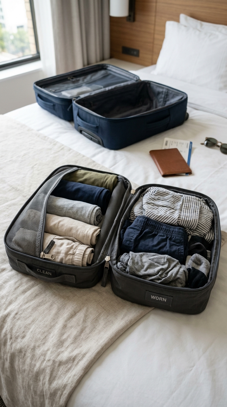 A dual sided compression packing cube layout separating clean travel outfits from dirty summer laundry inside a suitcase.