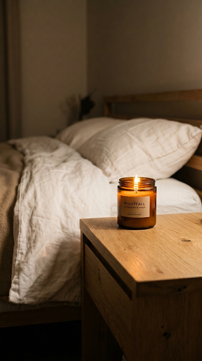 A lit minimalist amber glass candle jar casting a warm glow on a light oak bedroom nightstand layout.